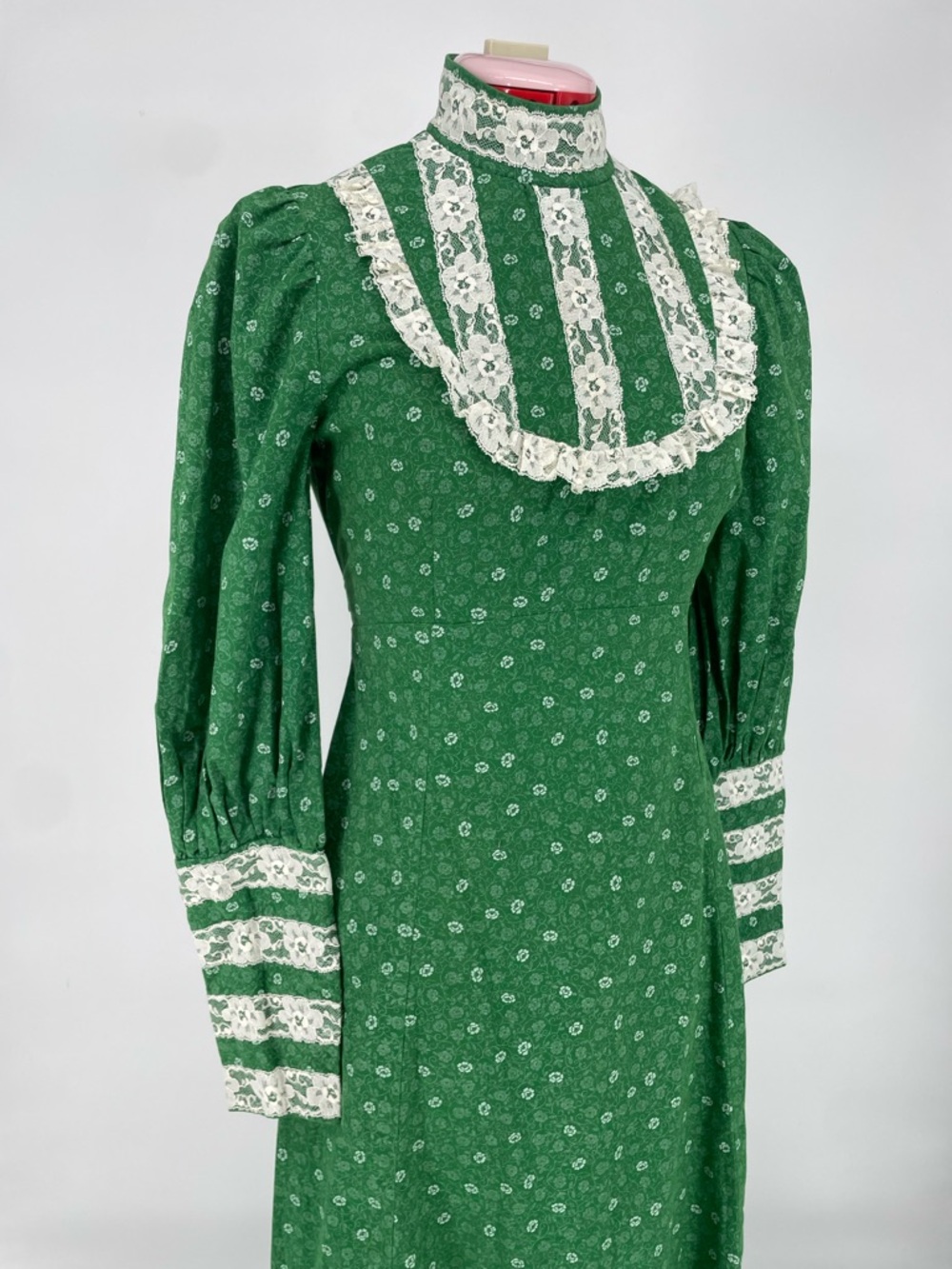 1970s Green High Neck Voluminous Long Sleeve Handmade Prairie Dress Lace Accents - Picture 6 of 15